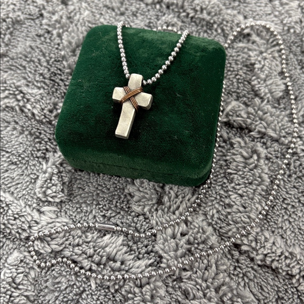 Men's Silver Cross Pendant Necklace with Copper Accent - Picture 2 of 2